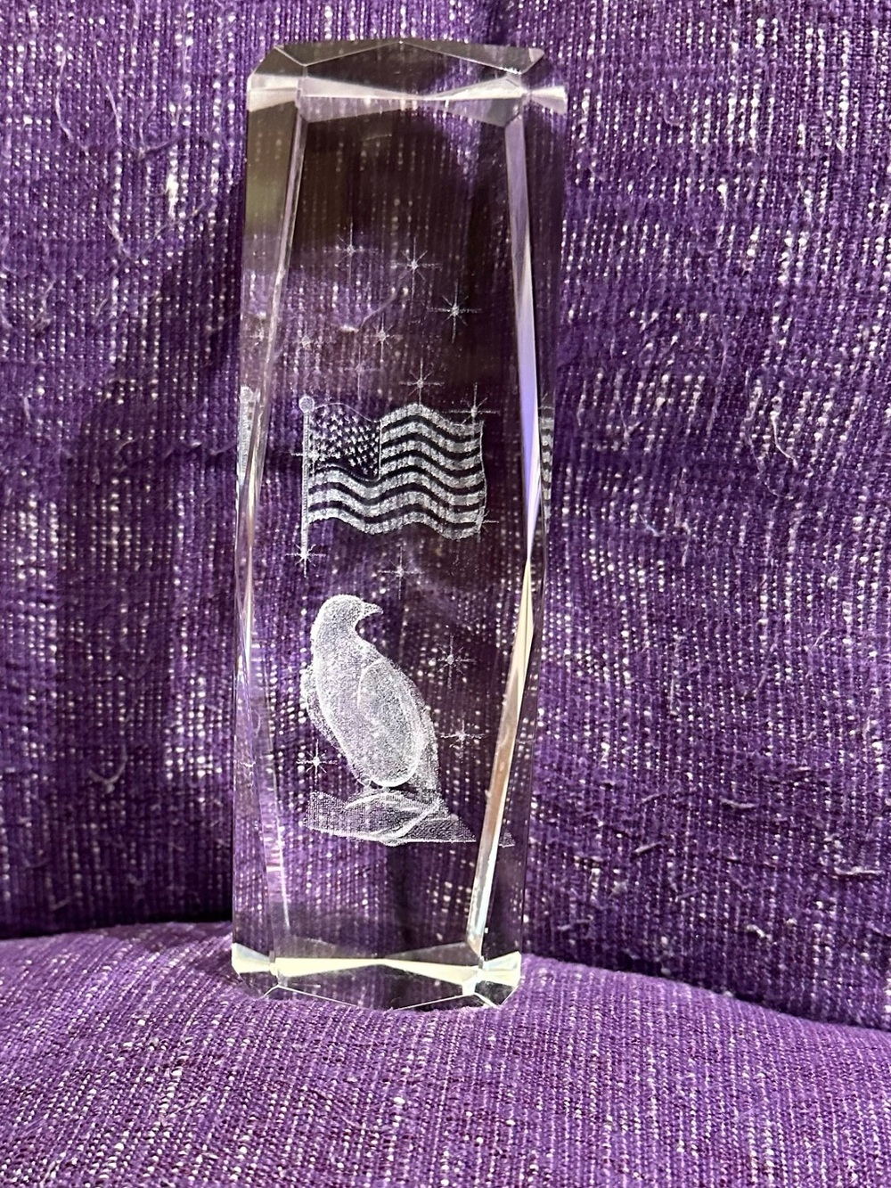 Etched Crystal Eagle & Flag Optical Paperweight